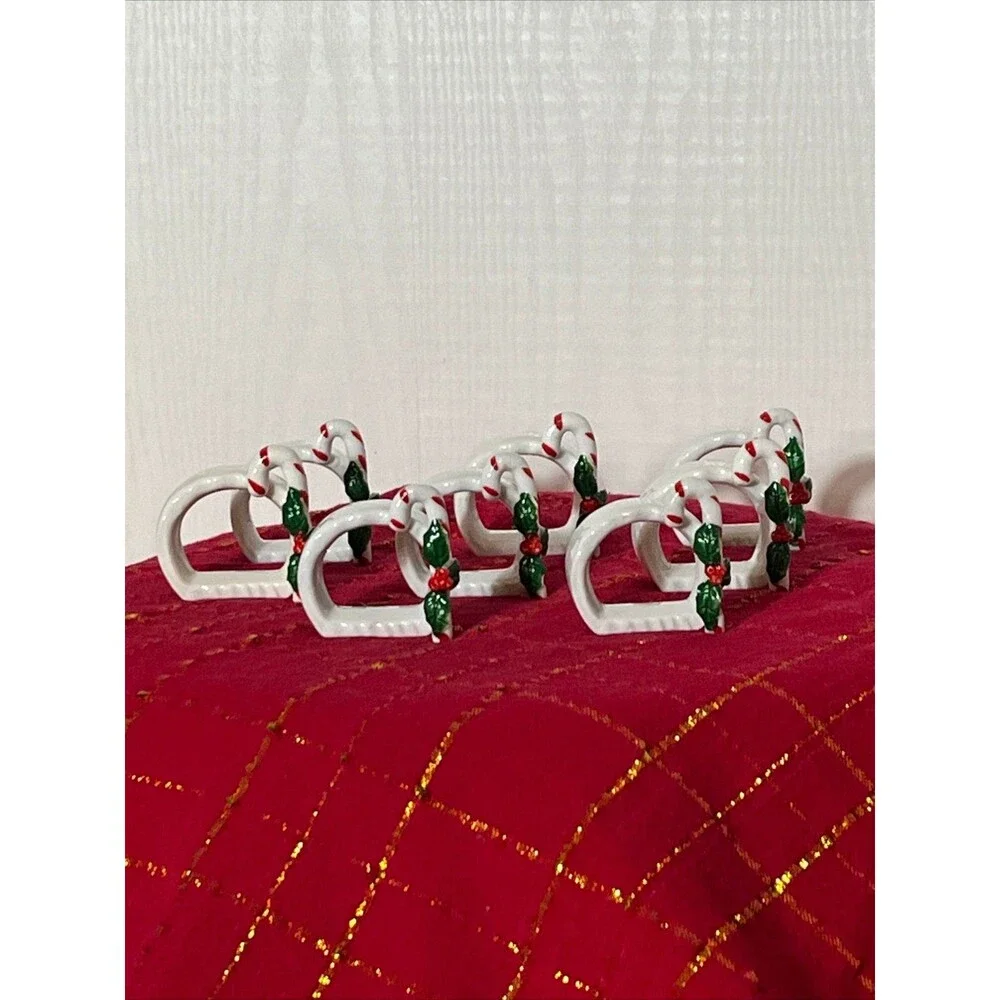 Holiday Christmas Ceramic Napkin Rings Candy Canes  and Holly Set of 8.
